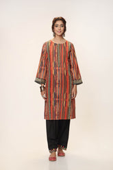 Embroidered Lines in Multi coloured Slub Khadder Print fabric